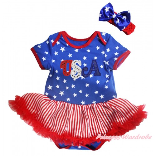 American's Birthday Royal Blue White Star Baby Bodysuit Jumpsuit White Red Striped Pettiskirt & Sparkle Rhinestone USA Print JS5129