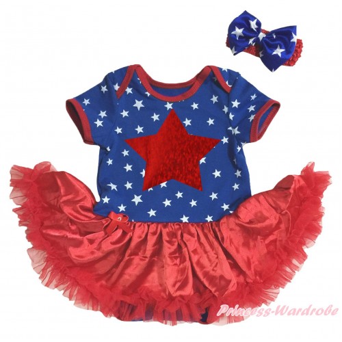 American's Birthday Royal Blue White Star Baby Bodysuit Jumpsuit Red Pettiskirt & Sparkle Red Star Painting JS5133