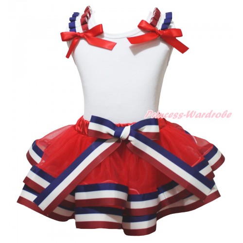 American's Birthday White Tank Top Red White Blue Striped Ruffles Red Bows & Red White Blue Striped Trimmed Pettiskirt MG2102