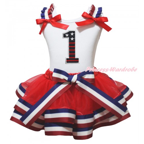 American's Birthday White Tank Top Red White Blue Striped Ruffles Red Bows & 1st Patriotic Birthday Number Print & Red White Blue Striped Trimmed Pettiskirt MG2106