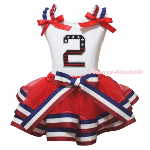 American's Birthday White Tank Top Red White Blue Striped Ruffles Red Bows & 2nd Patriotic Birthday Number Print & Red White Blue Striped Trimmed Pettiskirt MG2107