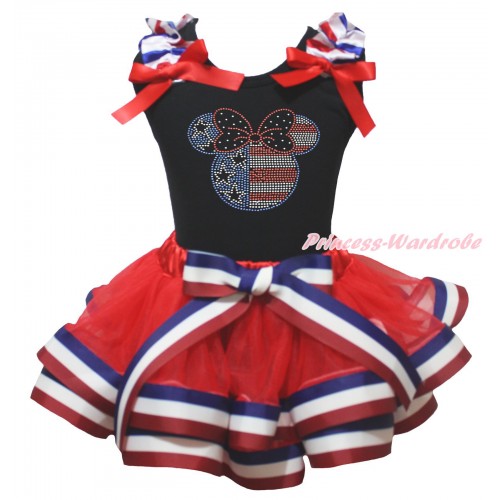 American's Birthday Black Tank Top Red White Blue Striped Ruffles Red Bows & Sparkle Crystal Bling Rhinestone 4th July Minnie Print & Red White Blue Striped Trimmed Pettiskirt MG2114