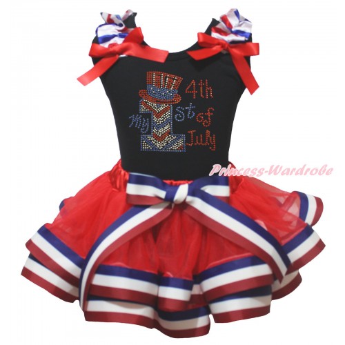 American's Birthday Black Tank Top Red White Blue Striped Ruffles Red Bows & Sparkle Rhinestone My 1st American 4th Of July Print & Red White Blue Striped Trimmed Pettiskirt MG2115