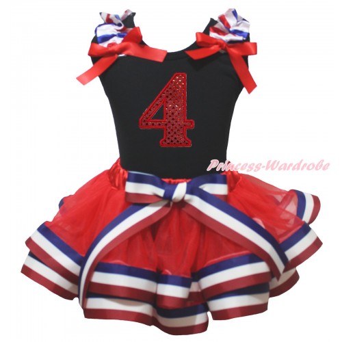 American's Birthday Black Tank Top Red White Blue Striped Ruffles Red Bows & 4th Sparkle Red Birthday Number Print & Red White Blue Striped Trimmed Pettiskirt MG2122