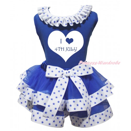 American's Birthday Royal Blue Pettitop Patriotic American Star Lacing & I Love 4th July Heart Painting & White Royal Blue Star Trimmed Pettiskirt MG2126