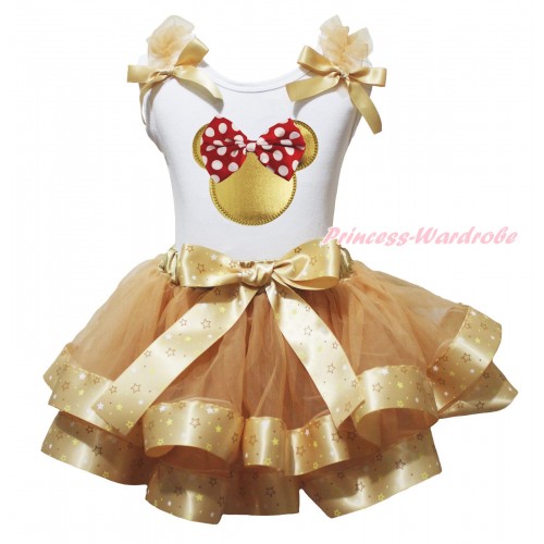 White Pettitop Goldenrod Ruffles Bow & Red White Dots Bow Gold Minnie Print & Goldenrod Star Trimmed Pettiskirt MG2138