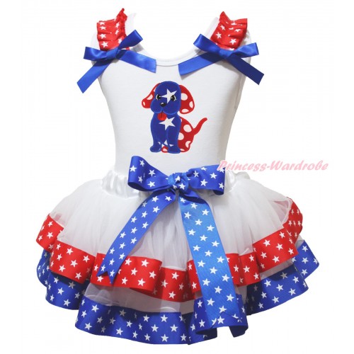 American's Birthday White Pettitop Red White Star Ruffles Royal Blue Bow & Red White Bow Minnie Dot Dog Puppy & Royal Blue Red White Star Trimmed Pettiskirt MG2143