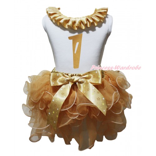 White Pettitop Goldenrod Star Lacing & Gold 1st Birthday Number Painting & Goldenrod Petal Pettiskirt MG2159