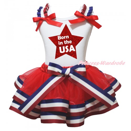 American's Birthday White Baby Pettitop Red White Blue Striped Ruffles Red Bow & Born In The USA Red Star Painting & Red White Blue Striped Trimmed Baby Pettiskirt NG2020