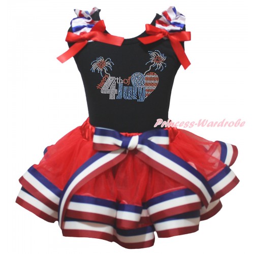 American's Birthday Black Baby Pettitop Red White Blue Striped Ruffles Red Bow & Sparkle Happy 4th Of July Print & Red White Blue Striped Trimmed Baby Pettiskirt NG2031