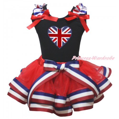 Black Baby Pettitop Red White Blue Striped Ruffles Red Bow & Patriotic British Heart Print & Red White Blue Striped Trimmed Baby Pettiskirt NG2032