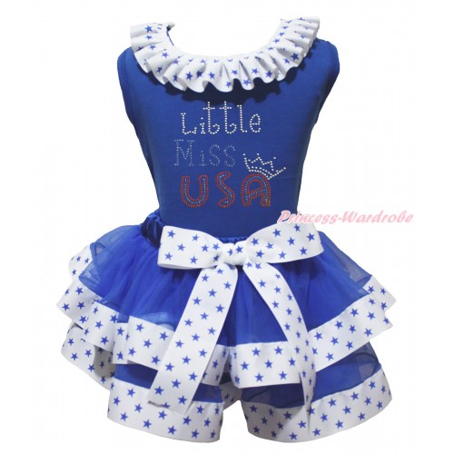 American's Birthday Royal Blue Baby Pettitop Patriotic American Star Lacing & Sparkle Rhinestone Little Miss USA Print & White Royal Blue American Star Trimmed Baby Pettiskirt NG2038
