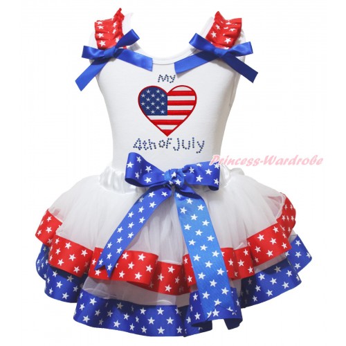 American's Birthday White Baby Pettitop Red White Star Ruffles Royal Blue Bow & American Striped Star Heart Rhinestone My American 4th Of July Print & Royal Blue Red White Star Trimmed Baby Pettiskirt NG2051