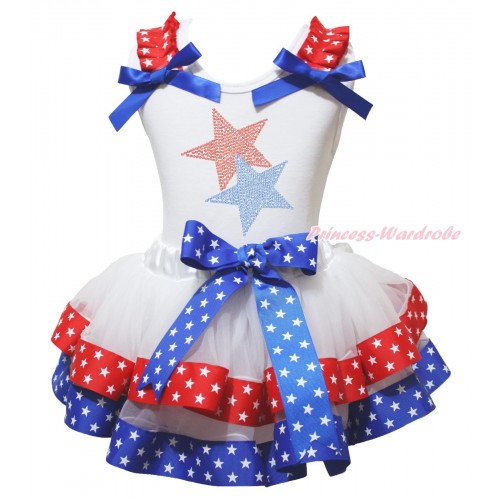 American's Birthday White Baby Pettitop Red White Star Ruffles Royal Blue Bow & Sparkle Rhinestone Twin Star Print & Royal Blue Red White Star Trimmed Baby Pettiskirt NG2053