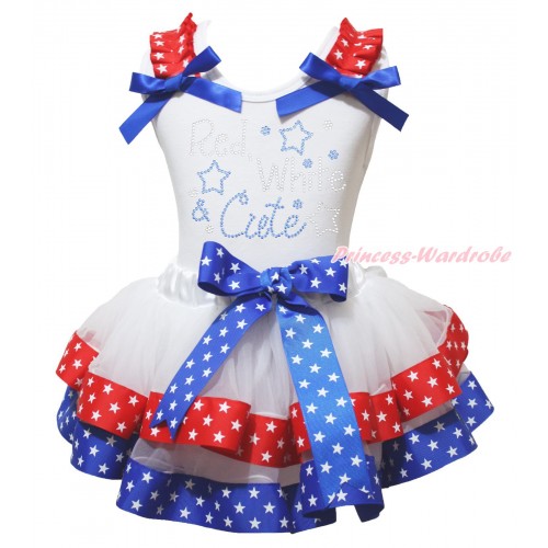 American's Birthday White Baby Pettitop Red White Star Ruffles Royal Blue Bow & Sparkle Rhinestone Red White Cute Print & Royal Blue Red White Star Trimmed Baby Pettiskirt NG2056