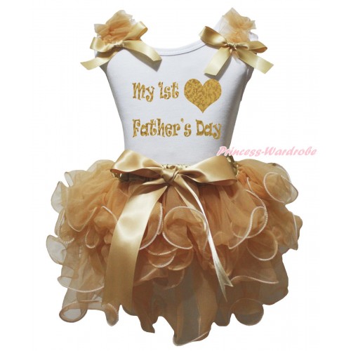 Father's Day White Baby Pettitop Goldenrod Ruffles Bow & My 1st Father's Day Heart Painting & Goldenrod Petal Baby Pettiskirt NG2064