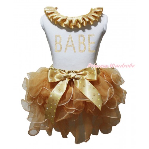 White Baby Pettitop Goldenrod Star Lacing & Sparkle Rhinestone BABE print & Goldenrod Petal Baby Pettiskirt NG2068