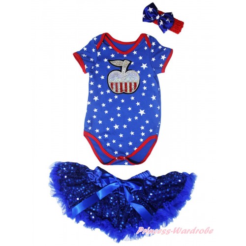 American's Birthday Patriotic American Stars Baby Jumpsuit & Patriotic Print Apple & Bling Royal Blue Sequins Newborn Pettiskirt & Headband NG2070