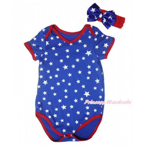 American's Birthday Royal Blue White Star Red Piping Baby Jumpsuit & Headband TH665