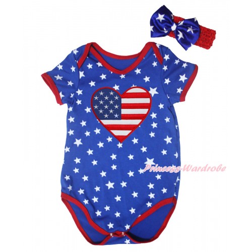 American's Birthday Royal Blue White Star Red Piping Baby Jumpsuit & American Heart Print & Headband TH666