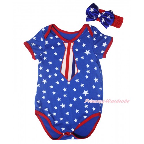 American's Birthday Royal Blue White Star Red Piping Baby Jumpsuit & Red White Blue Striped Tie Print & Headband TH667