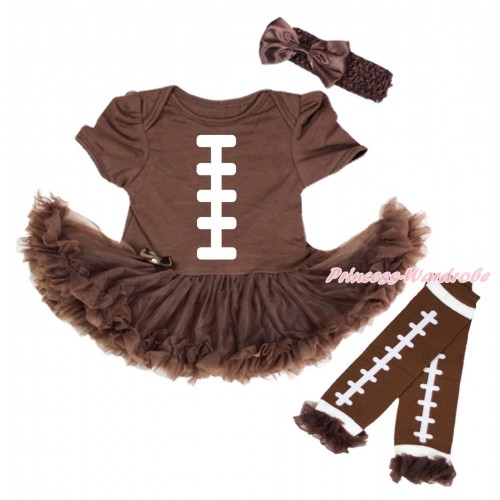 Brown Baby Bodysuit Pettiskirt & White Rugby Ball Painting & Warmers Leggings JS5484
