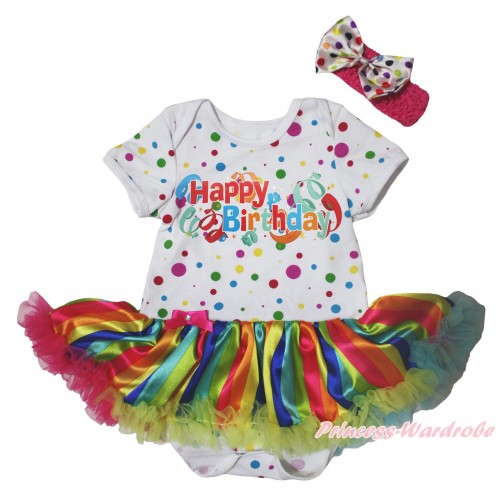 White Rainbow Dots Baby Bodysuit Rainbow Stripe Pettiskirt & Happy Birthday Painting JS5488