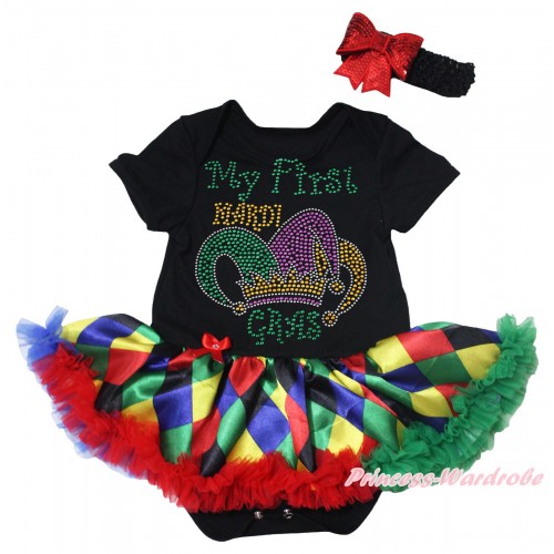 Mardi Gras Black Baby Bodysuit Rainbow Diamond Pettiskirt & Sparkle Rhinestone My First Mardi Gras Clown Hat Print JS5499