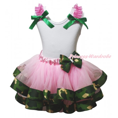 White Pettitop Hot Pink Ruffles Kelly Green Bow & Light Pink Camouflage Trimmed Pettiskirt MG2279