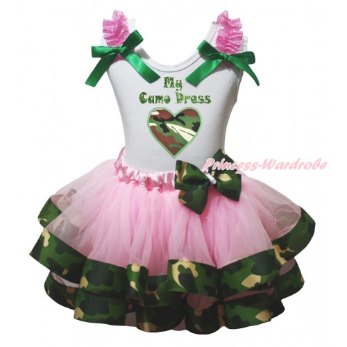 White Pettitop Hot Pink Ruffles Kelly Green Bow & Sparkle My Camo Dress Painting & Camouflage Heart Print & Light Pink Camouflage Trimmed Pettiskirt MG2281