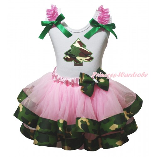 White Pettitop Hot Pink Ruffles Kelly Green Bow & Camouflage Tree Print & Light Pink Camouflage Trimmed Pettiskirt MG2283