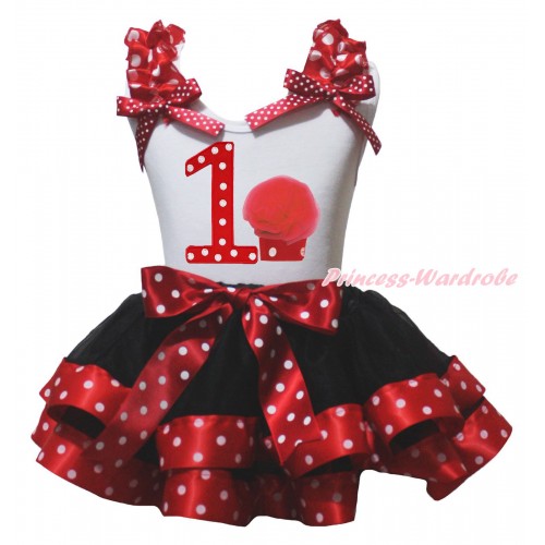 White Baby Pettitop Minnie Dots Ruffles Bow & 1st Minnie Dots Birthday Number & Rose Cupcake Print & Black Minnie Dots Trimmed Baby Pettiskirt NG2151