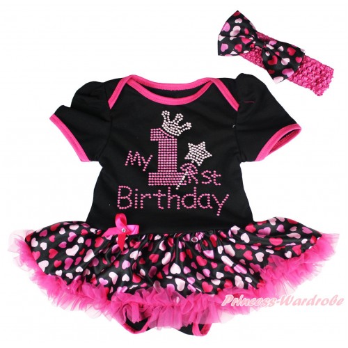Black Baby Bodysuit Jumpsuit Hot Light Pink Heart Pettiskirt & Sparkle Rhinestone My 1st Birthday Print JS5501