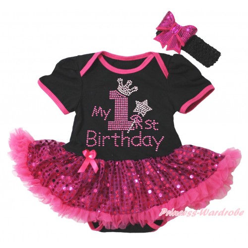 Black Baby Bodysuit Bling Hot Pink Sequins Pettiskirt & Sparkle Rhinestone My 1st Birthday Print JS5502