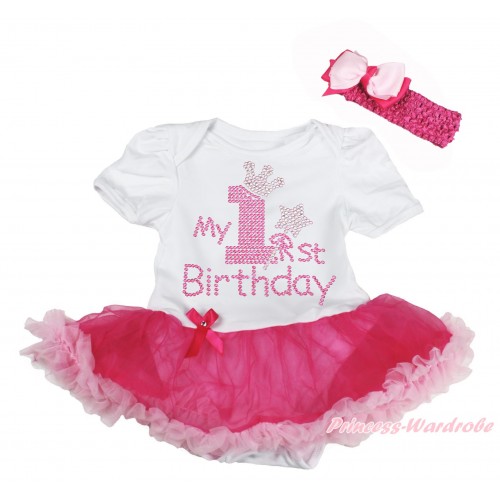 White Baby Bodysuit Hot Light Pink Pettiskirt & Sparkle Rhinestone My 1st Birthday Print JS5504