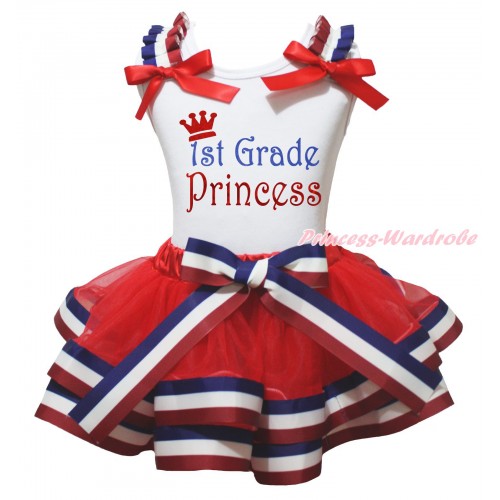 White Tank Top Red White Blue Striped Ruffles Red Bows & Sparkle 1st Grade Princess Painting & Red White Blue Striped Trimmed Pettiskirt MG2324