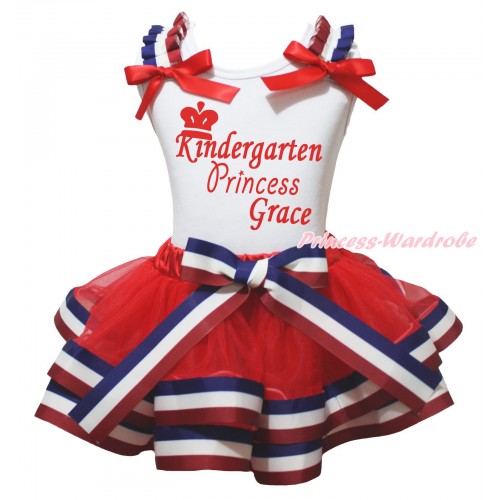 White Tank Top Red White Blue Striped Ruffles Red Bows & Kindergarten Princess Grace Painting & Red White Blue Striped Trimmed Pettiskirt MG2325