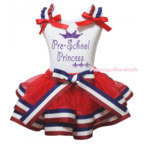 White Tank Top Red White Blue Striped Ruffles Red Bows & Sparkle Pre-School Princess Painting & Red White Blue Striped Trimmed Pettiskirt MG2326