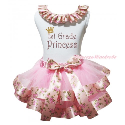 White Baby Tank Top Pink Rose Fusion Lacing & Sparkle 1st Grade Princess Painting & Light Pink Rose Fusion Trimmed Baby Pettiskirt  NG2168