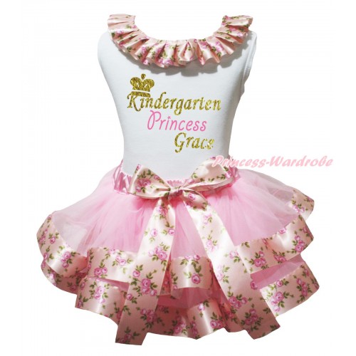 White Baby Tank Top Pink Rose Fusion Lacing & Sparkle Kindergarten Princess Grace Painting & Light Pink Rose Fusion Trimmed Baby Pettiskirt  NG2169
