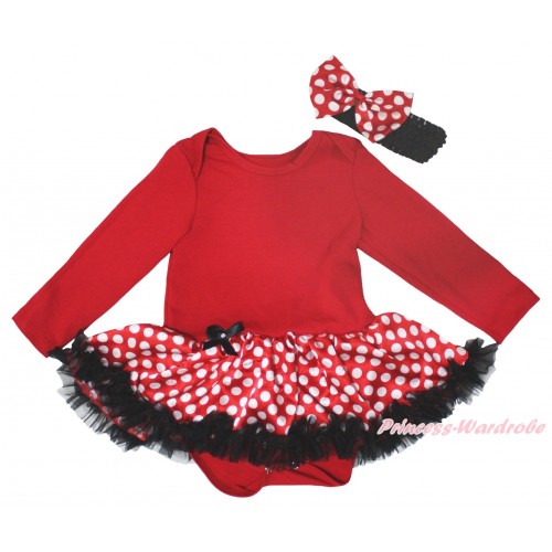 Red Long Sleeve Baby Bodysuit Jumpsuit MInnie Dots Black Pettiskirt JS5647