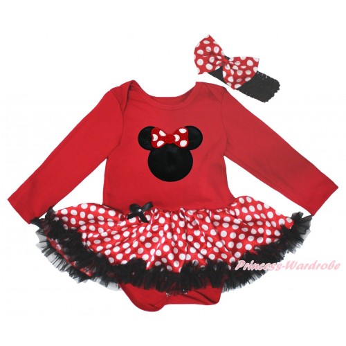 Red Long Sleeve Baby Bodysuit Jumpsuit MInnie Dots Black Pettiskirt & Minnie Print JS5648