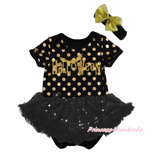Halloween Black Gold Dots Baby Bodysuit Black Sequins Pettiskirt & Sparkle Halloween Painting JS5670