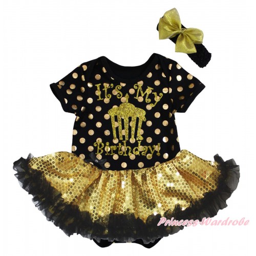 Black Gold Dots Baby Bodysuit Black Gold Sequins Pettiskirt & Sparkle It's My Birthday Painting JS5677