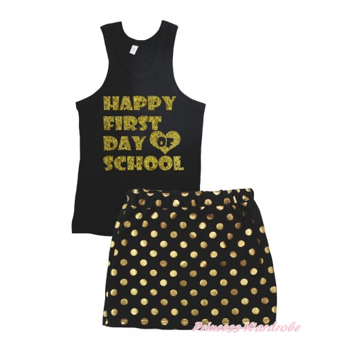 Black Tank Top Happy First Day Of School Painting & Black Gold Dots Girls Skirt Set MG2387