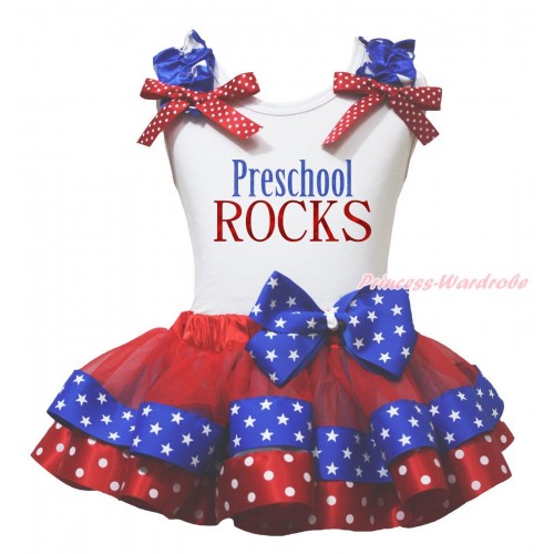 White Baby Pettitop Star Ruffle Red White Dot Bow & Preschool Rocks Painting & Red Minnie Blue Patriotic Star Satin Trimmed Baby Pettiskirt NG2195