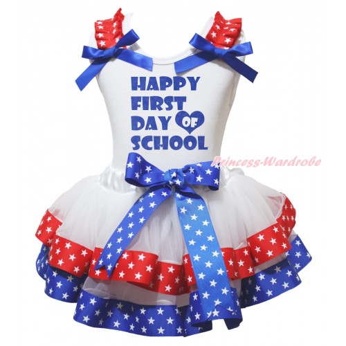 White Baby Pettitop Red White Star Ruffles Royal Blue Bow & Happy First Day Of School Painting & Royal Blue Red White Star Trimmed Baby Pettiskirt NG2198
