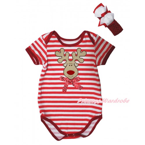 Christmas Red White Stripe Baby Jumpsuit & Christmas Reindeer & Minnie Dots Bow Print & Headband TH754