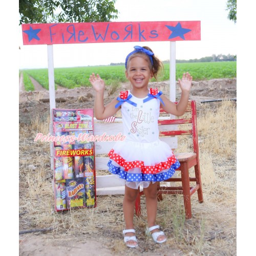 White Pettitop Red White Star Ruffles Royal Blue Bow & Sparkle Rhinestone I'm The Little Sister Print & Royal Blue Red White Star Trimmed Pettiskirt MG2338