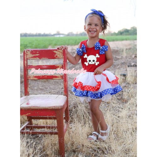 Halloween Red Baby Pettitop Royal Blue White Twin Star Bows & White Skeleton Print & Royal Blue Red White Star Trimmed Baby Pettiskirt NG2182